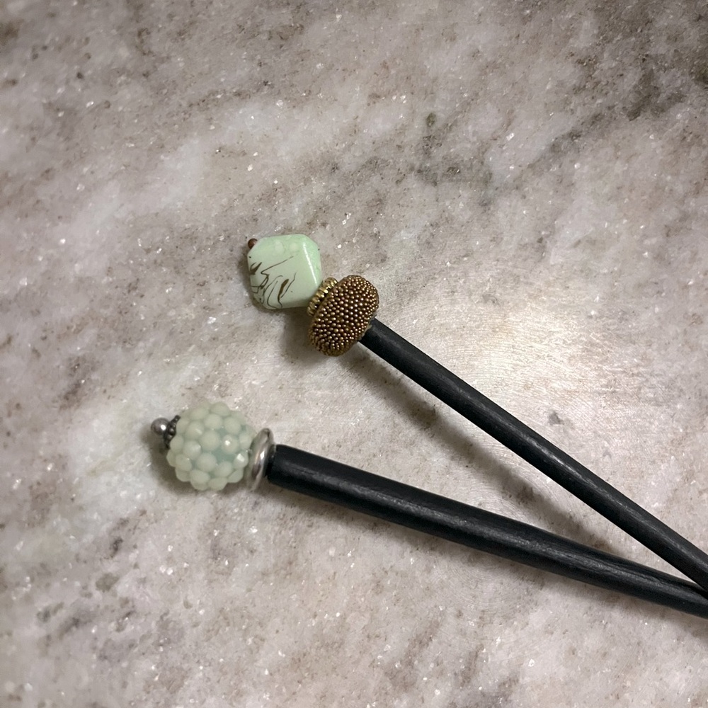 Jade Colored Bead Hair Sticks